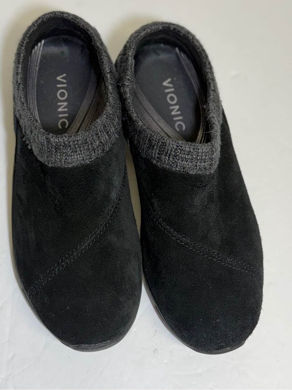 Vionic Black Suede Slip-On Clog with Gray Knit Collar